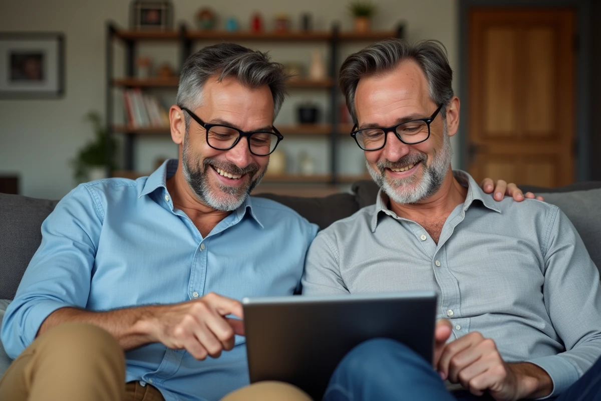 Deux hommes discutant avec tablette dans le salon