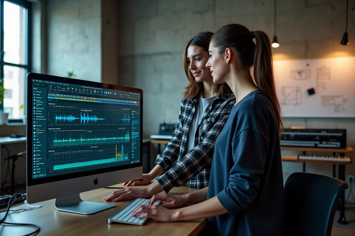Deux développeuses de plugins audio collaborant sur un DAW dans un espace de travail moderne dédié à la technologie musicale