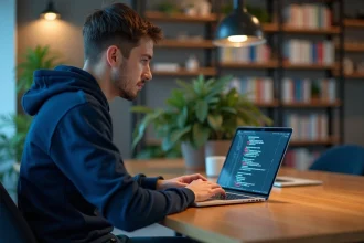 Jeune homme concentré travaillant sur un code PHP en bureau moderne