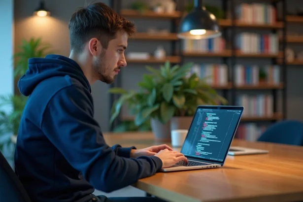 Jeune homme concentré travaillant sur un code PHP en bureau moderne