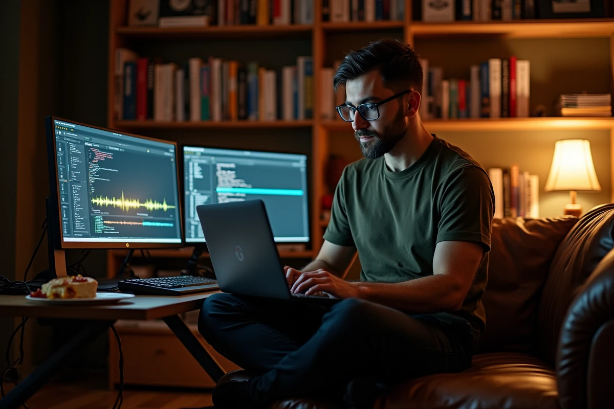 Développeur de plugins audio travaillant seul sur un laptop avec du code de synthèse sonore dans un bureau home studio encombré