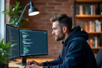 Développeur Python concentré analysant la structure d'un module sur un grand écran ultrawide dans un bureau moderne