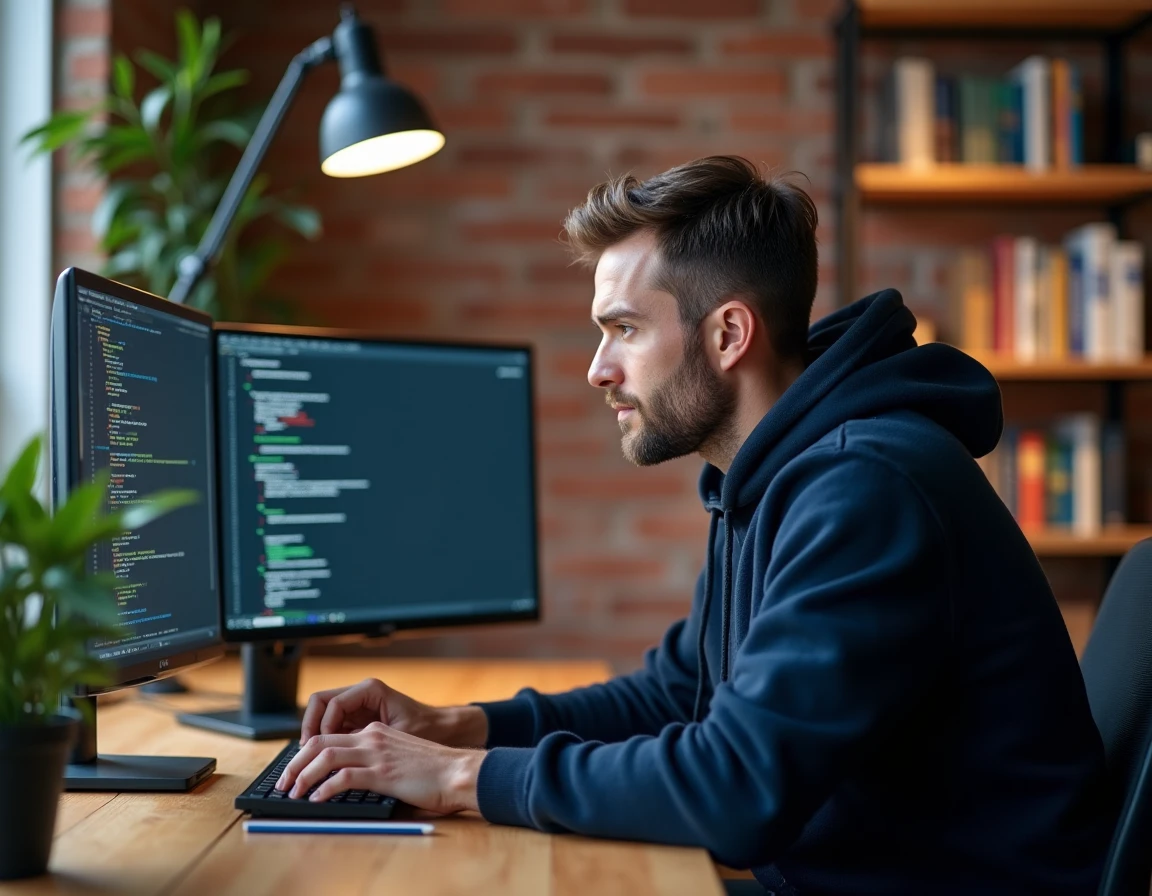 Développeur Python concentré analysant la structure d'un module sur un grand écran ultrawide dans un bureau moderne