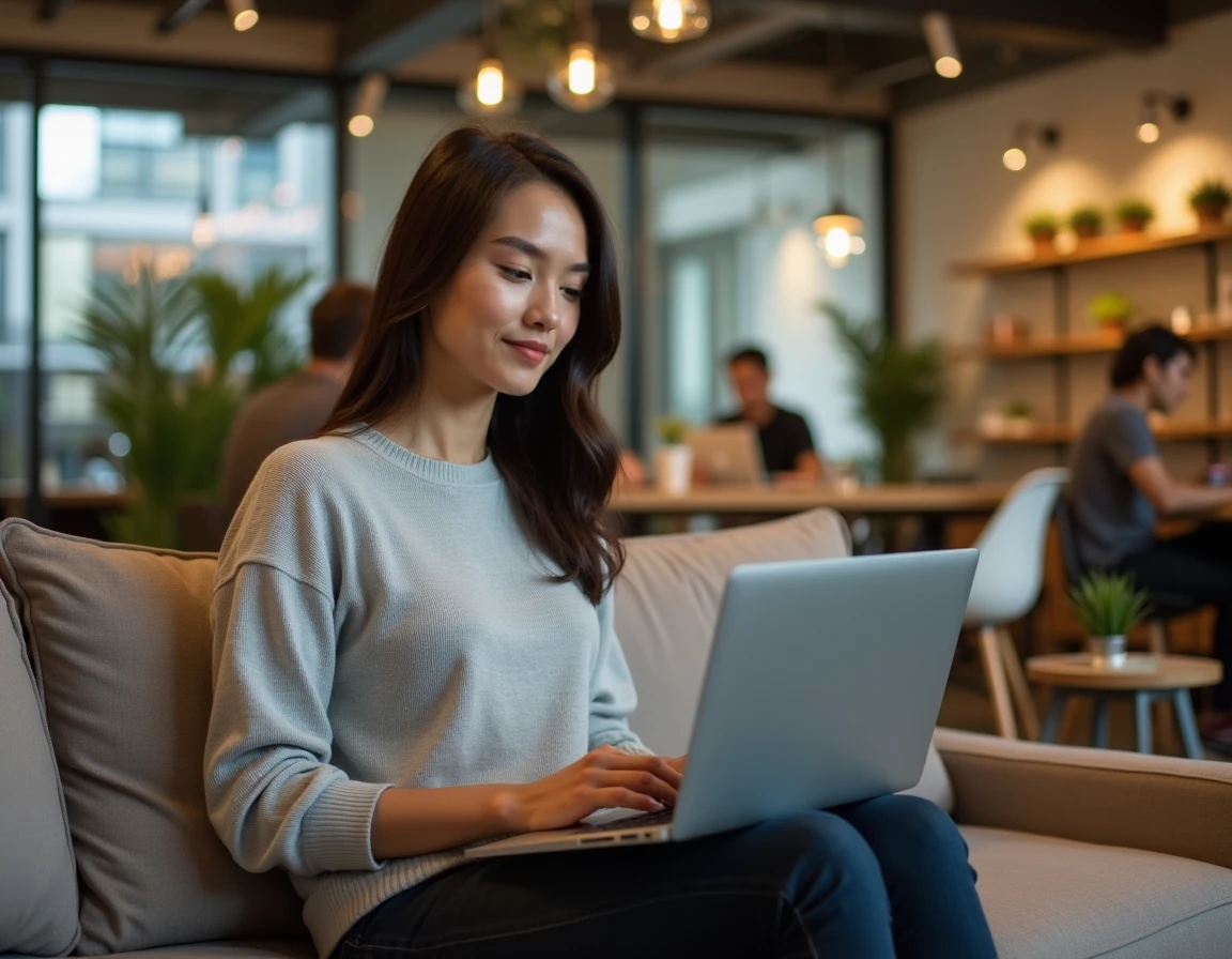 Développeuse Python codant un module dans un espace de coworking moderne avec plantes et mobilier en bois