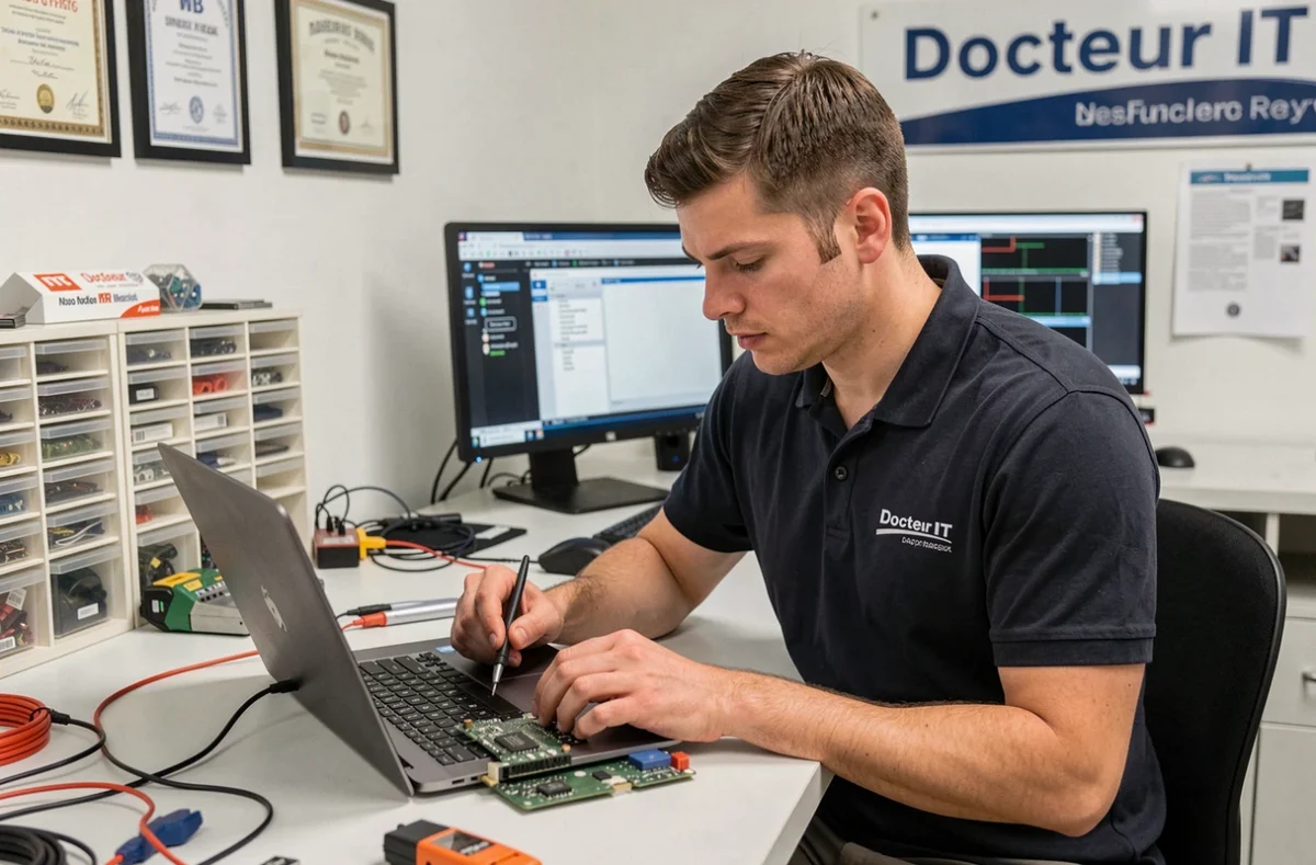 Technicien de Docteur IT diagnostiquant une carte mère d'ordinateur portable