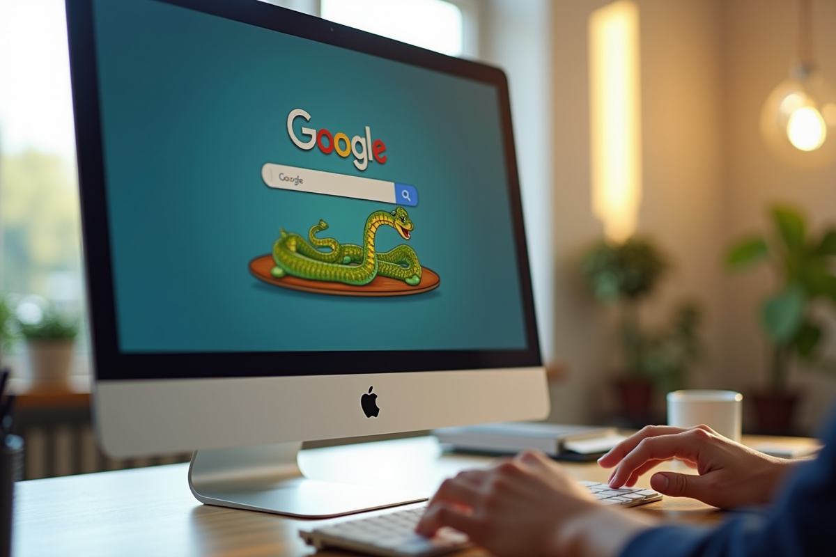 Ecran d ordinateur avec jeu snake et mains au clavier