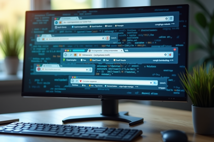 Ecran d'ordinateur avec plusieurs onglets de navigateurs et clavier français