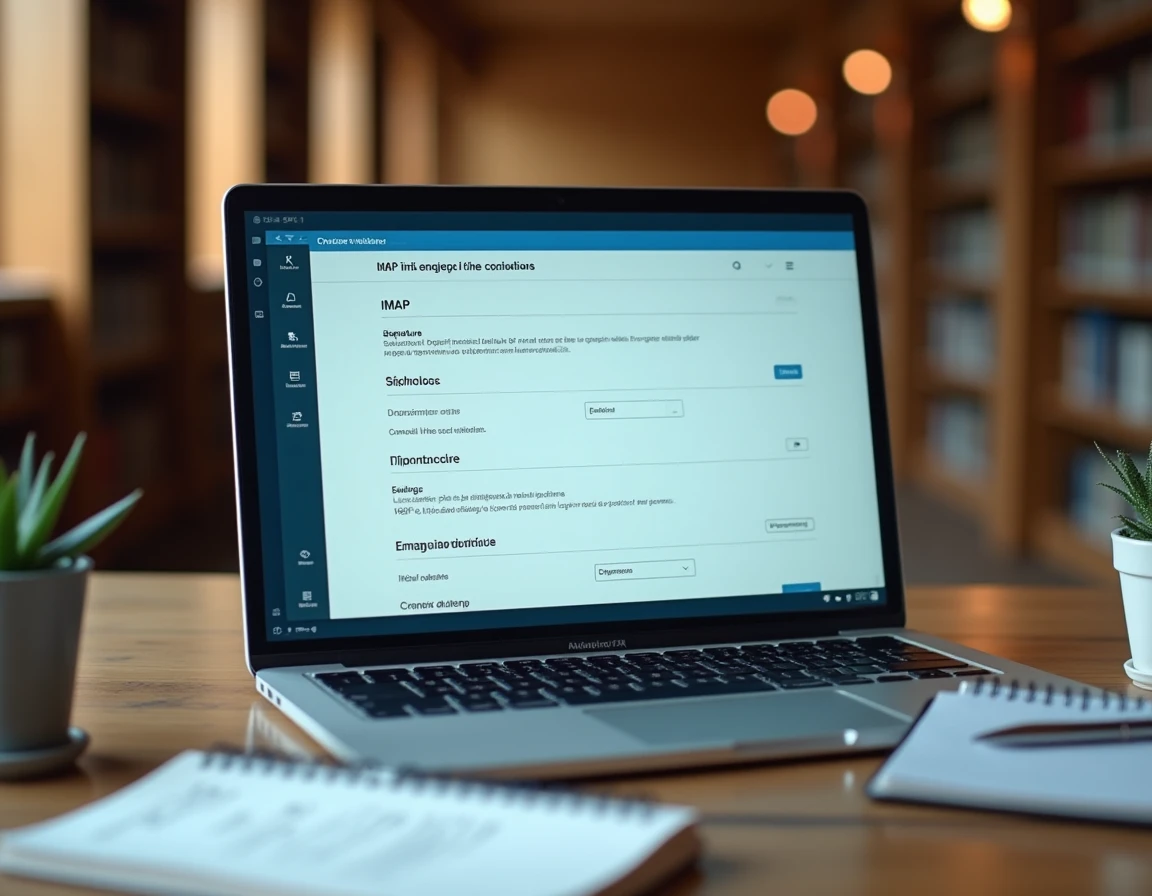 Écran d'ordinateur portable affichant les réglages essentiels du webmail académique Dijon avec paramètres IMAP et SMTP dans une bibliothèque universitaire