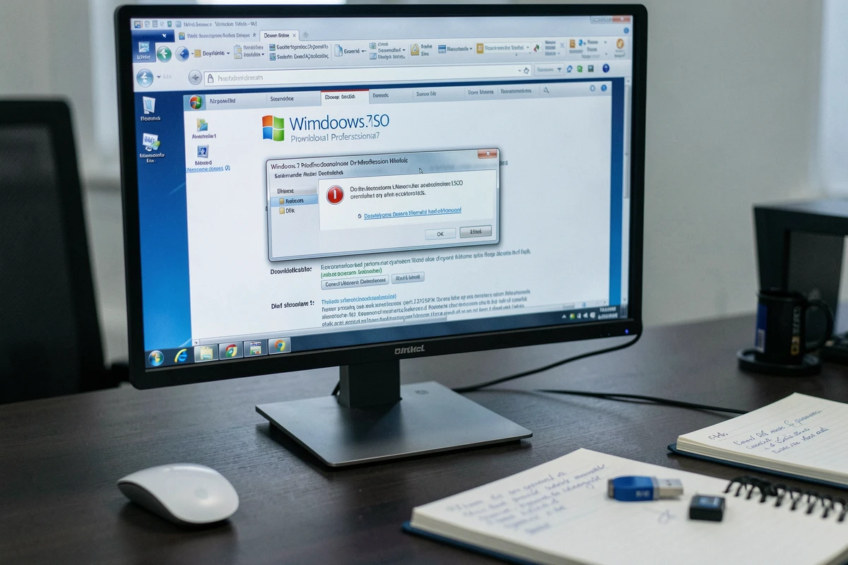 Écran d'ordinateur affichant le téléchargement d'un fichier ISO Windows 7 Professional