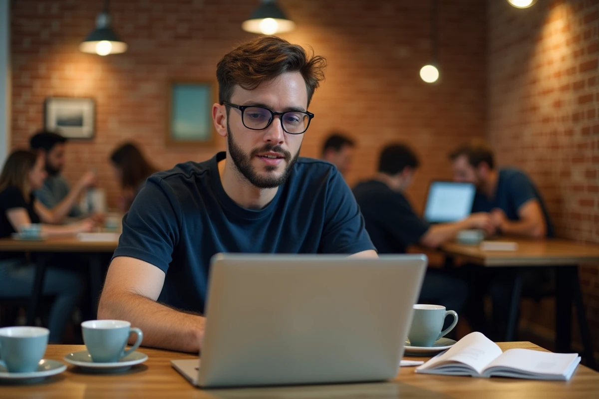 Homme éditant des sous-titres automatiques sur un ordinateur portable dans un espace de coworking décontracté