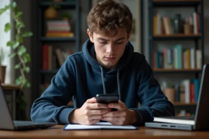 Élève consultant l'application ENT77 sur smartphone sans connexion réseau dans sa chambre