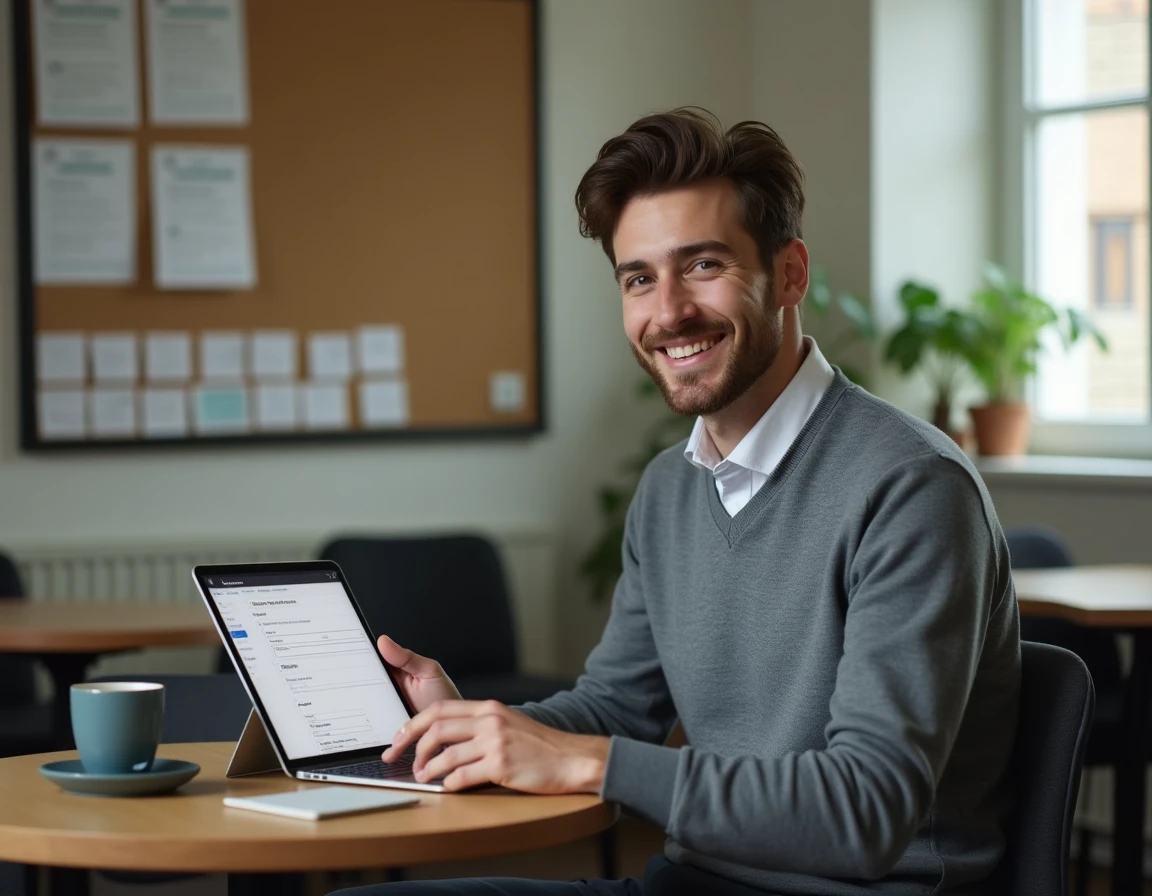 Enseignant consultant les paramètres de configuration du webmail académique de Dijon sur une tablette dans une salle des professeurs