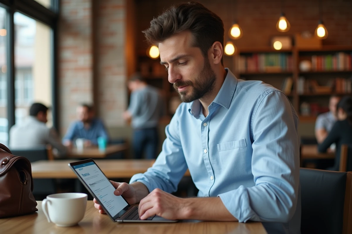 Enseignant consultant des cours hors ligne sur tablette dans un café avec l'application ENT77