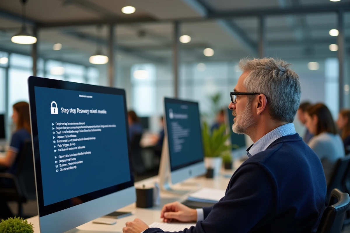 Enseignant consultant un guide de récupération de mot de passe sur son ordinateur au bureau