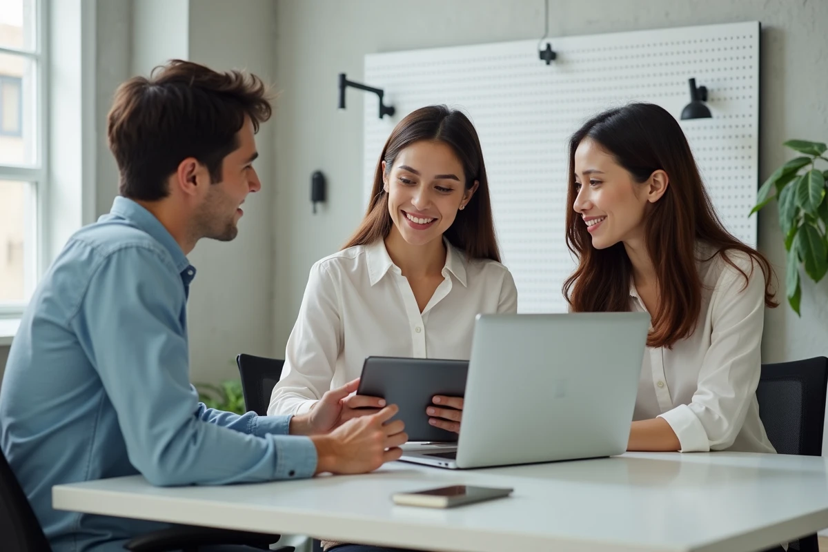 Équipe de créateurs de contenu comparant des outils de transcription vidéo automatique dans un studio moderne