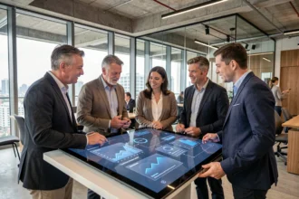 Équipe de professionnels collaborant autour d'un écran tactile interactif dans un bureau moderne pour accompagner la transition numérique