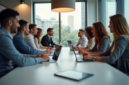 Groupe de professionnels collaborant sur la stratégie SEO en bureau lumineux