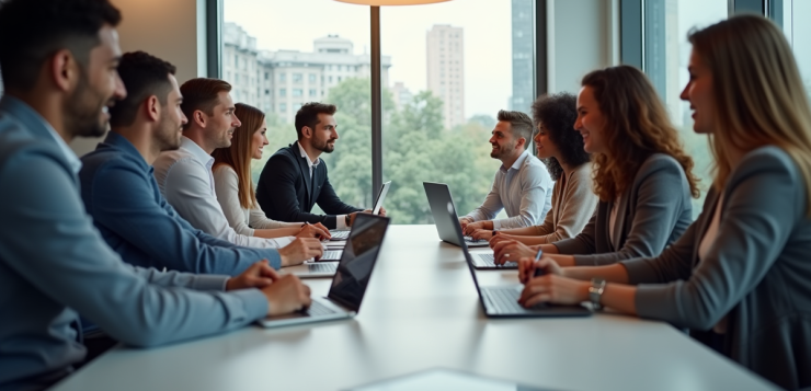 Groupe de professionnels collaborant sur la stratégie SEO en bureau lumineux