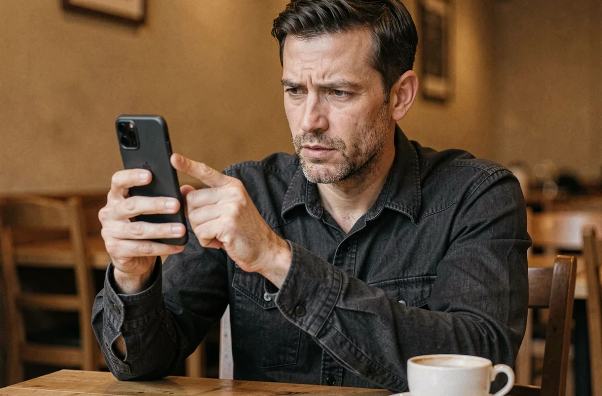Homme essayant d'atteindre le haut de l'écran d'un grand smartphone avec le pouce dans un café