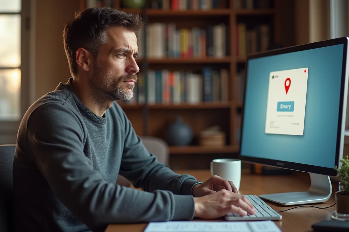 Homme tentant de résoudre un message d'erreur lors de la connexion à un webmail depuis son bureau à domicile
