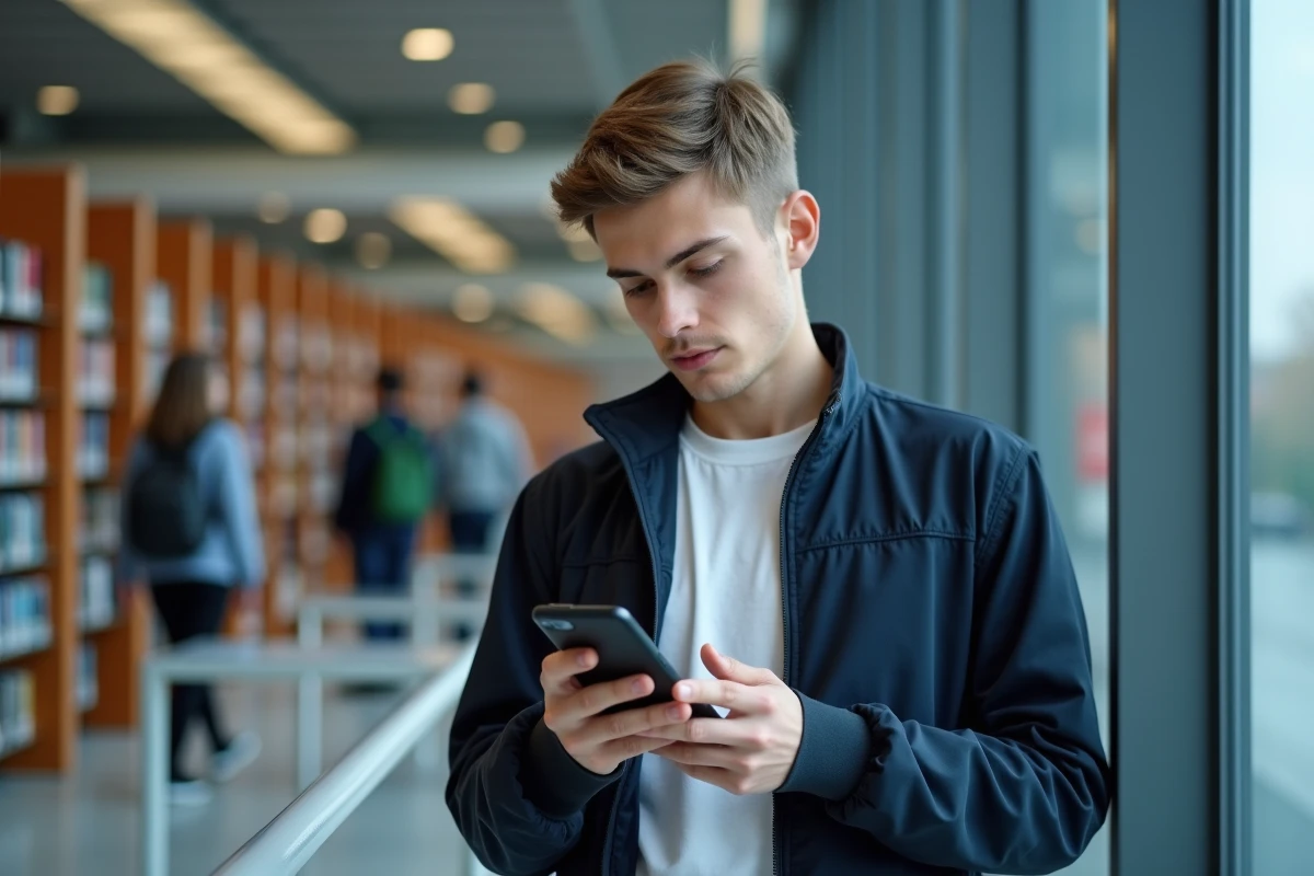 Étudiant consultant l'application UHA e Service sur son smartphone dans la bibliothèque universitaire de Mulhouse
