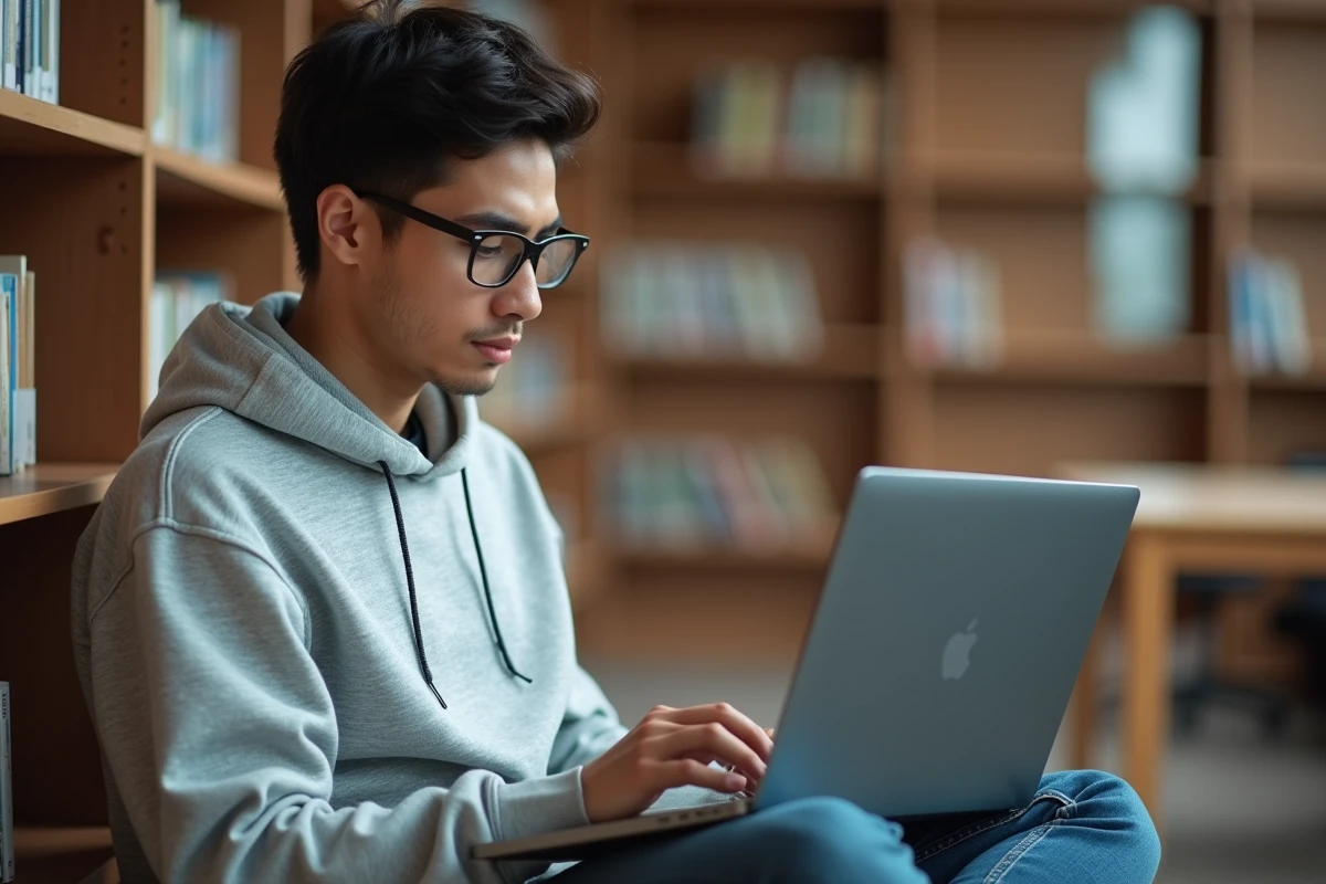 Étudiant consultant les paramètres de connexion d'un webmail universitaire dans une bibliothèque