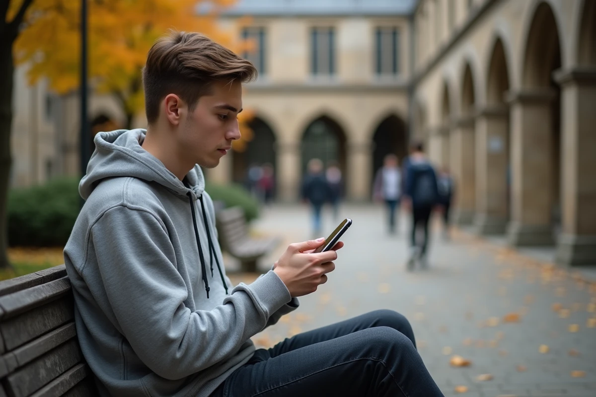 Étudiant utilisant son smartphone pour récupérer l'accès à sa messagerie académique dans une cour d'université