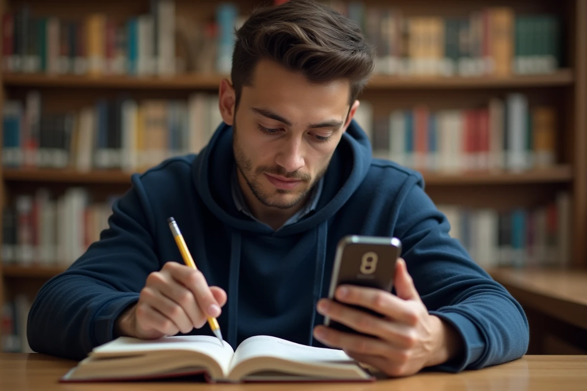 Étudiant posant un Samsung E250 retourné sur une table de bibliothèque pour se concentrer sur ses révisions