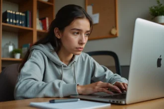 Étudiante en sweat gris connectée à son webmail universitaire sur un ordinateur portable dans sa chambre