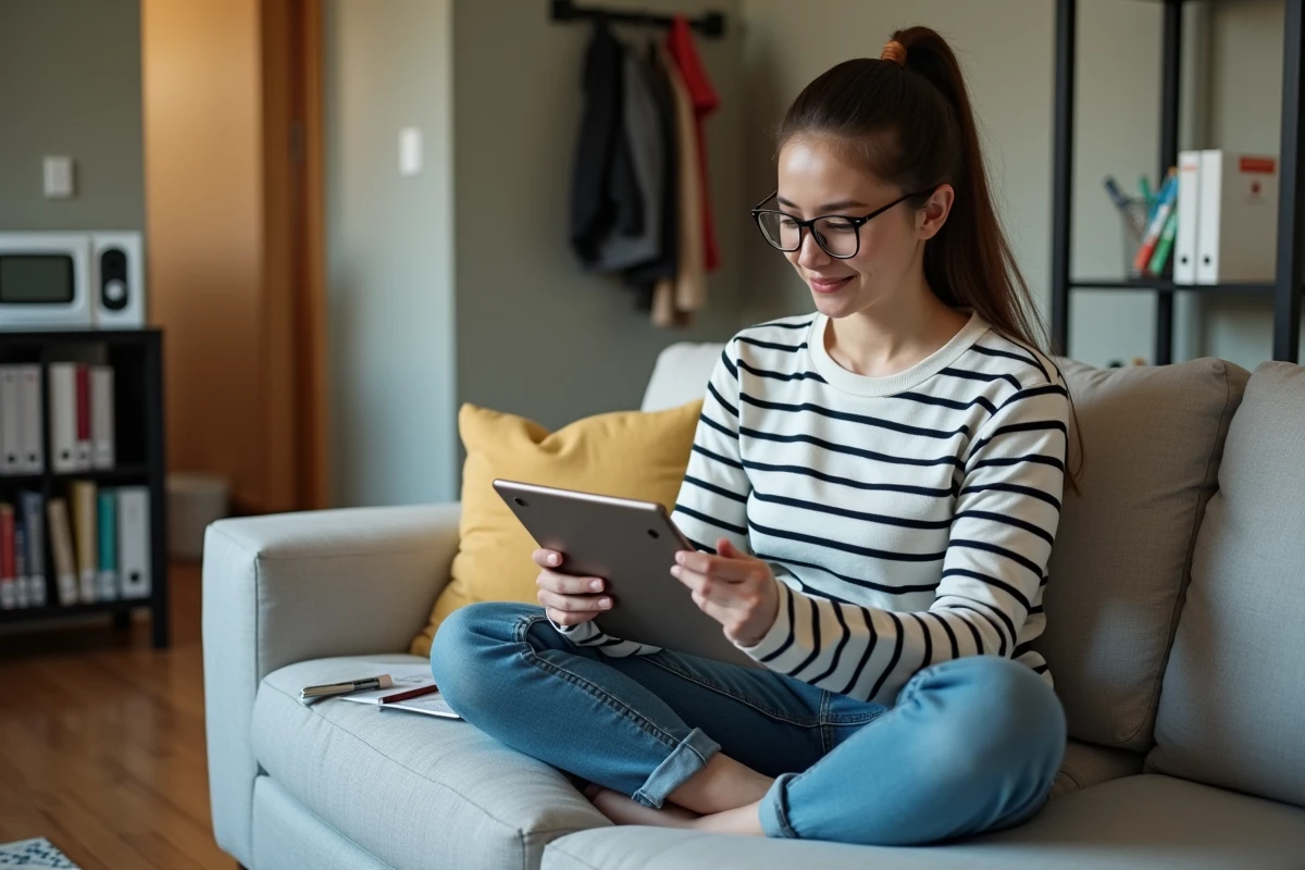 Étudiante utilisant une tablette pour accéder aux services administratifs en ligne de l'UHA depuis son appartement partagé