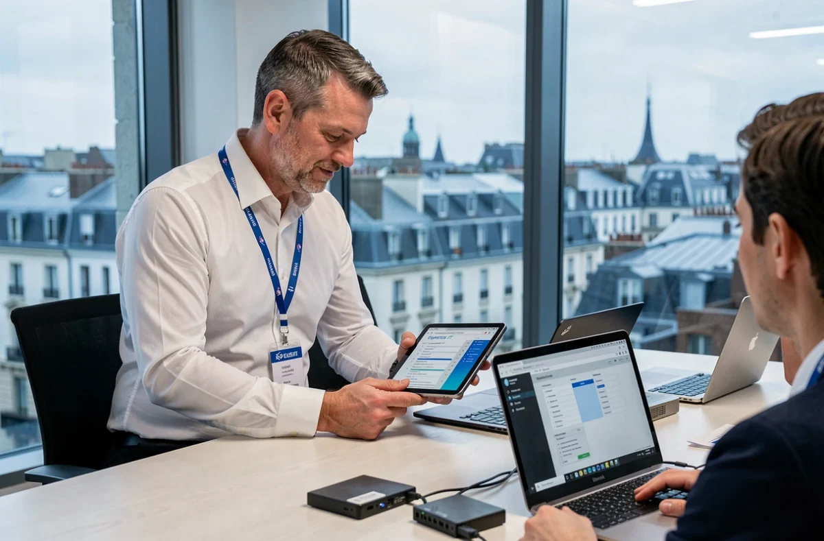 Consultant Expertis IT présentant un rapport de maintenance informatique à un client professionnel