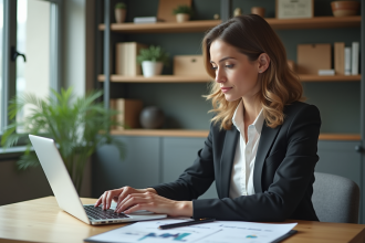 Femme d'affaires concentrée tapant sur un ordinateur dans un bureau moderne