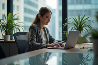 Femme en tenue professionnelle analysant des graphiques numériques au bureau