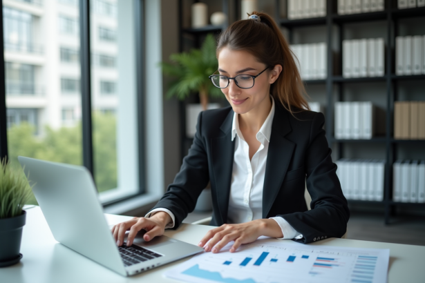 Femme en bureau analysant des données SEO