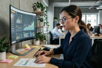 Femme professionnelle analysant des tableaux de bord analytics sur un écran d'ordinateur dans un bureau moderne