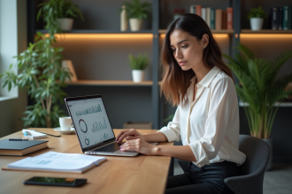 Femme au bureau analysant des graphiques sur son ordinateur