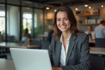 Femme en blazer assise au bureau avec sourire naturel