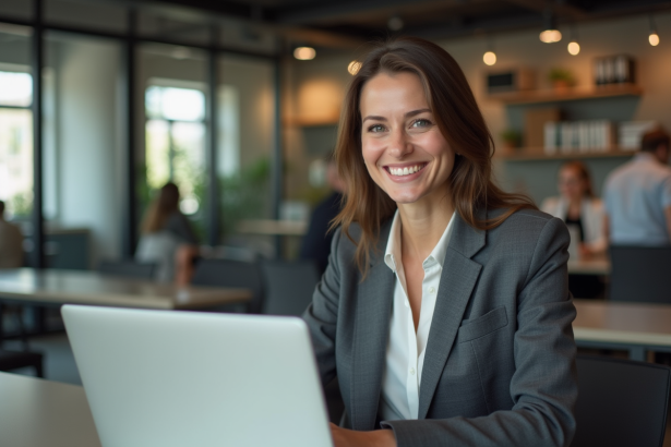 Femme en blazer assise au bureau avec sourire naturel