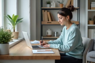 Femme concentrée travaillant dans un bureau à domicile