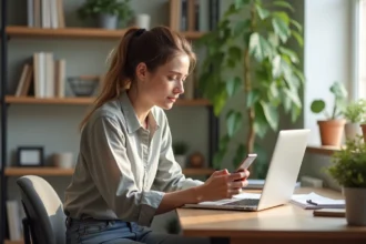 Jeune femme au bureau avec ordinateur et smartphone