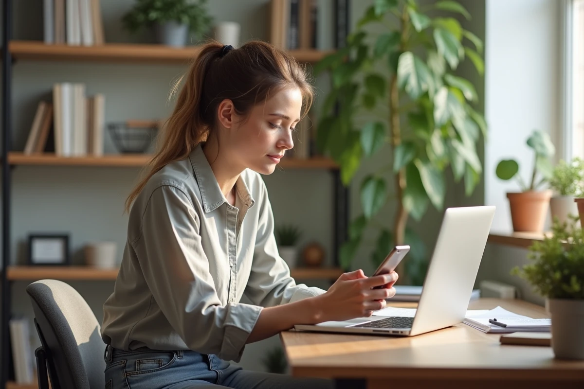 Jeune femme au bureau avec ordinateur et smartphone
