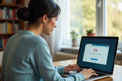 Femme travaillant sur son ordinateur dans un intérieur cosy