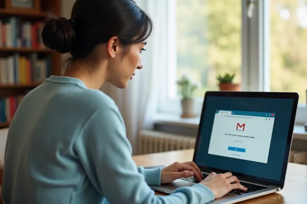 Femme travaillant sur son ordinateur dans un intérieur cosy