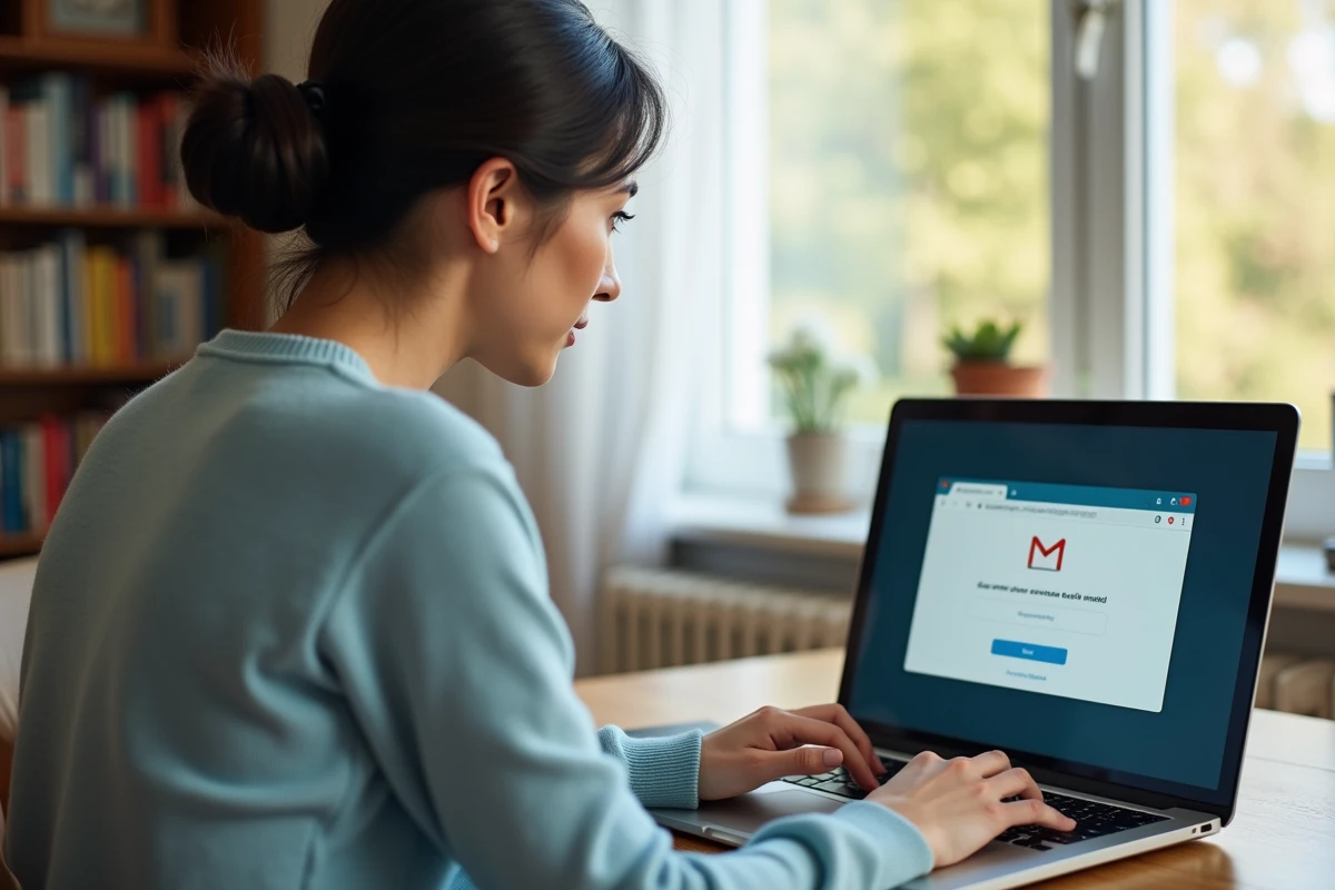 Femme travaillant sur son ordinateur dans un intérieur cosy