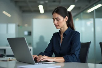 Femme en bureau moderne travaillant sur son ordinateur