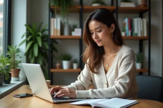 Femme en télétravail concentrée sur son ordinateur portable