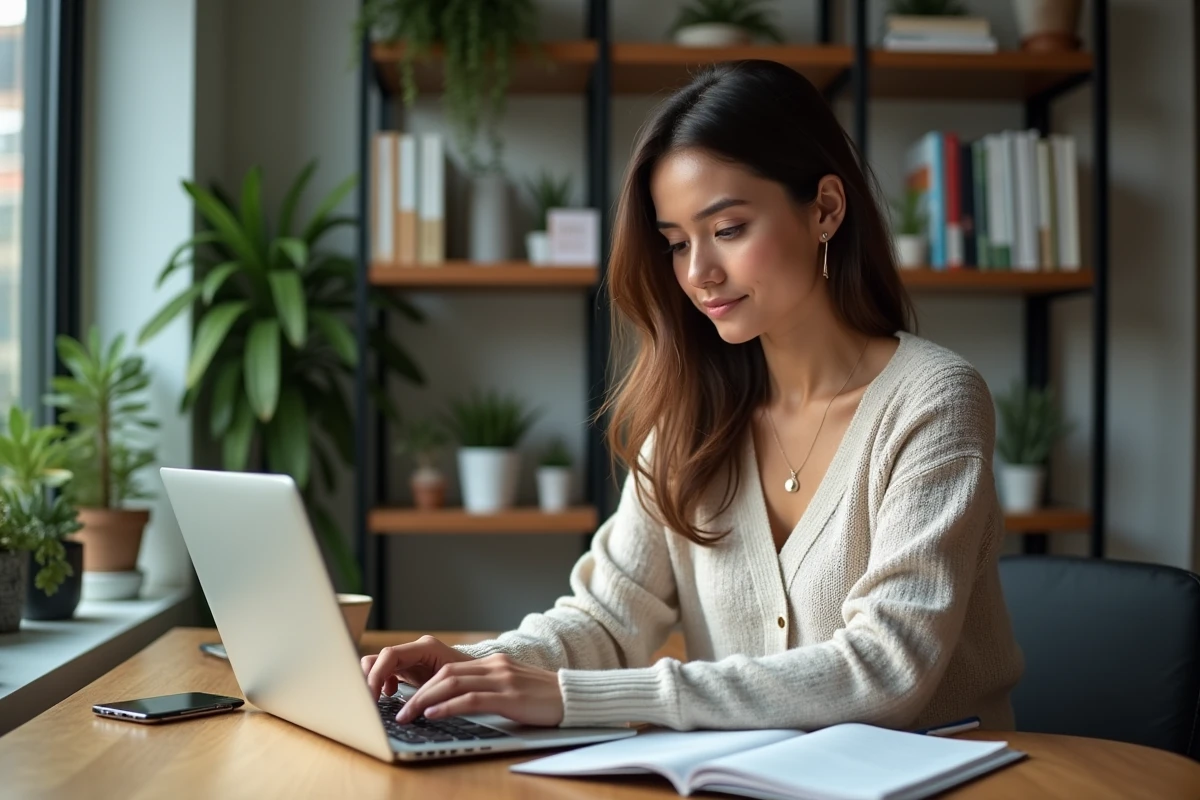 Femme en télétravail concentrée sur son ordinateur portable