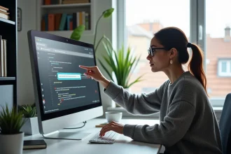 Jeune femme au bureau pointant un écran d'ordinateur avec diagramme URL