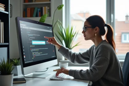 Jeune femme au bureau pointant un écran d'ordinateur avec diagramme URL