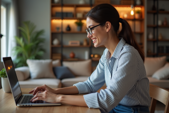 Jeune femme souriante utilisant un ordinateur pour imprimer des photos